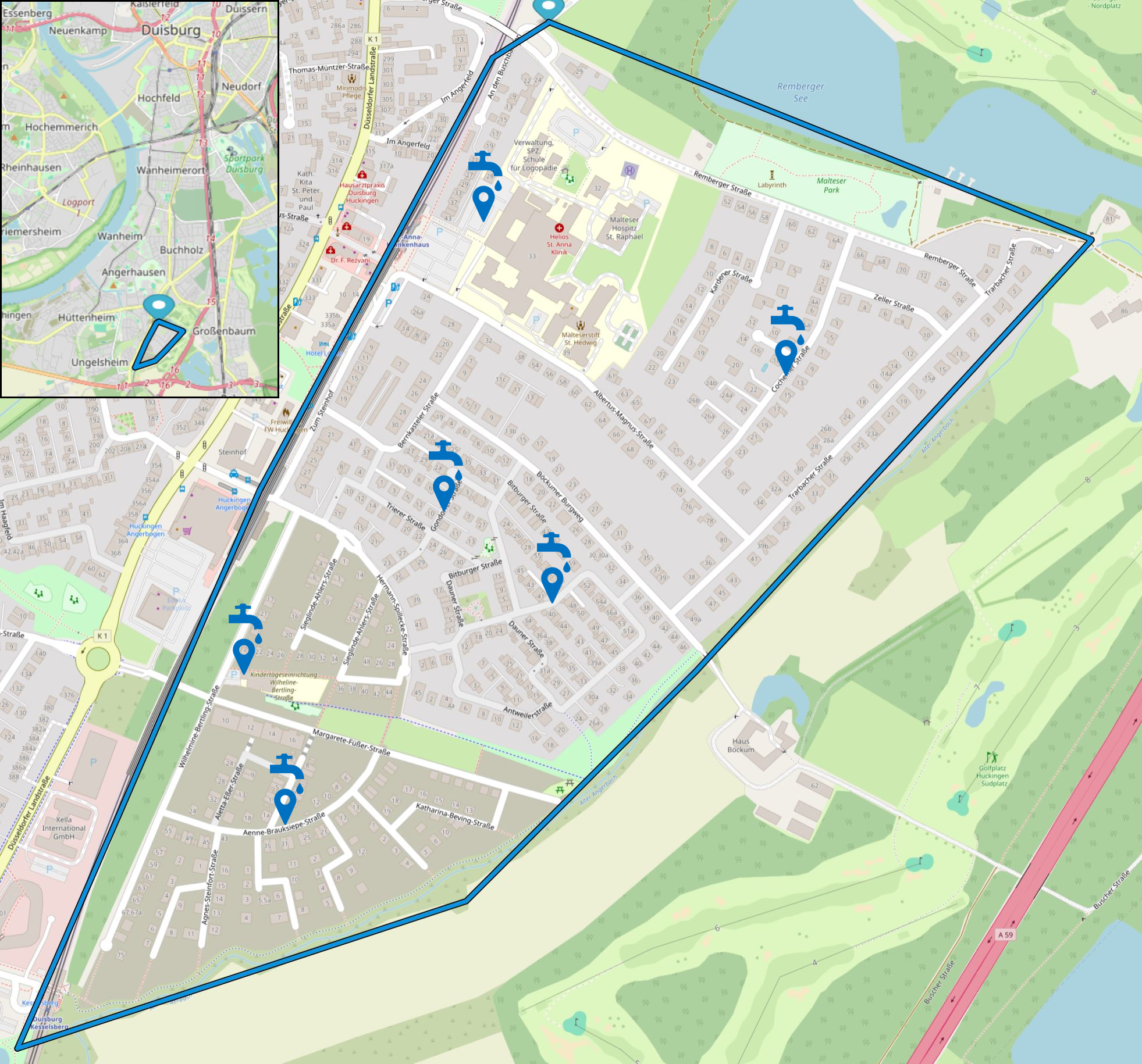 Karte von Duisburg-Huckingen mit dem markierten betroffenen Versorgungsgebiet und den Standorten der Trinkwasserwagen.